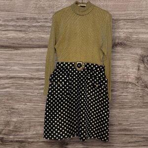 Vintage Corinth Street Polka Dot & Metallic Gold Knit Long Sleeve Dress